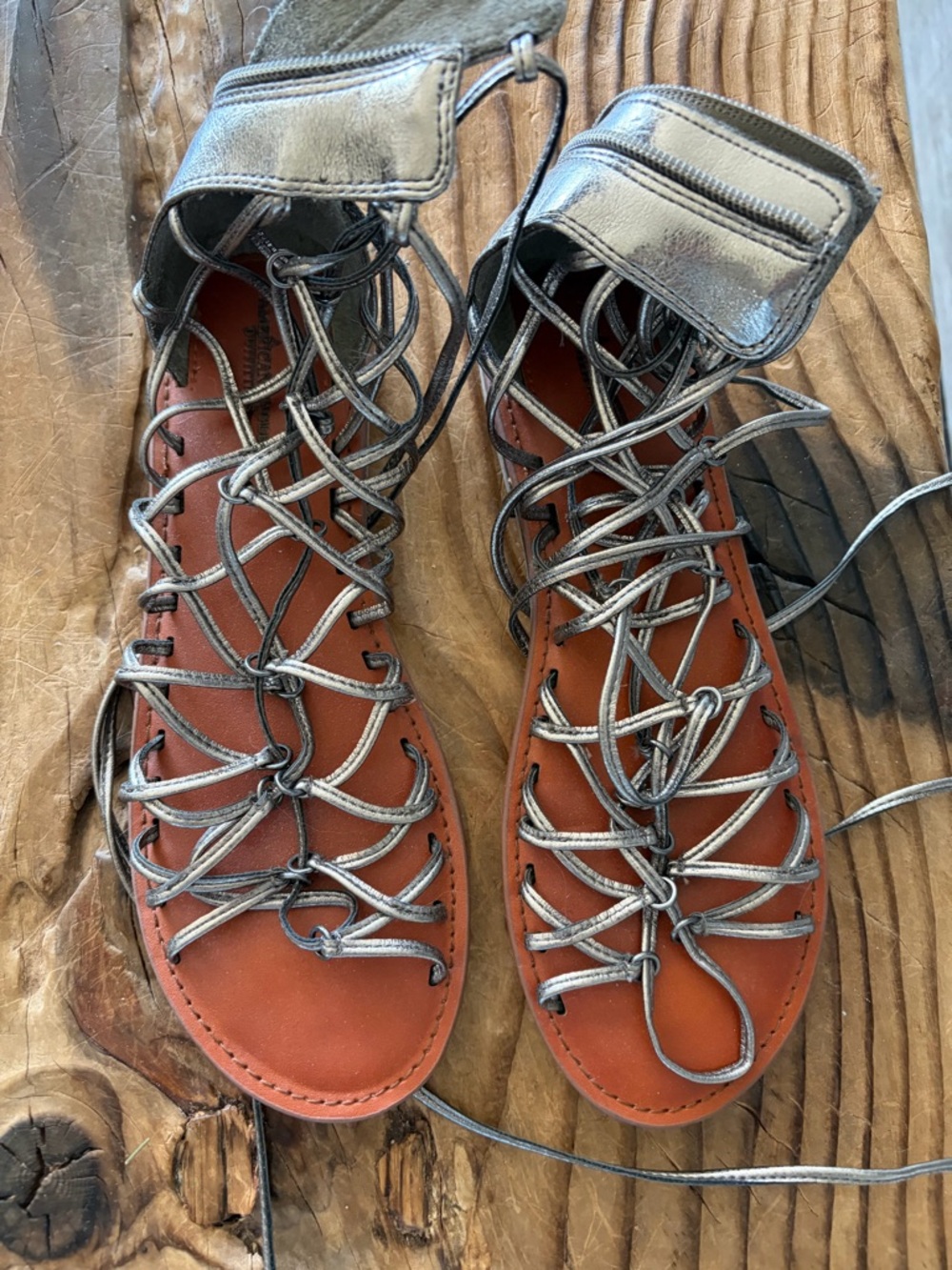 American eagle Women's Gladiator Lace-Up Sandals in Metallic Silver and Brown